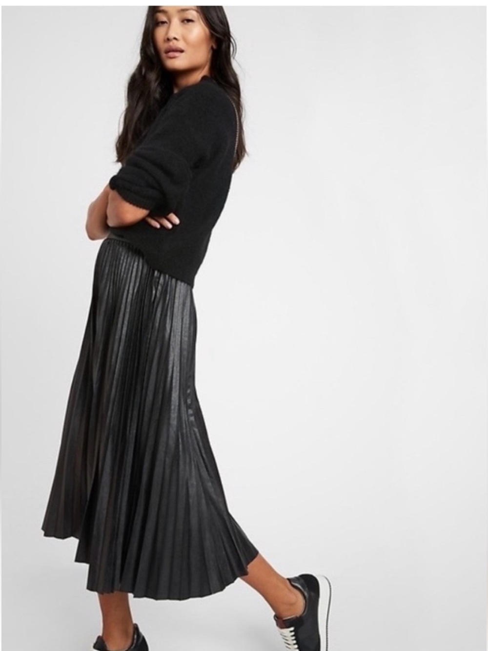 Banana Republic Black Faux Leather Pleated Midi Skirt